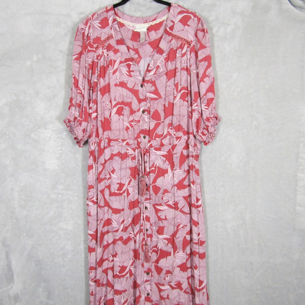 Knox Rose Womens XXL Maxi Dress Floral Leaf Print Bohemian Button Front
